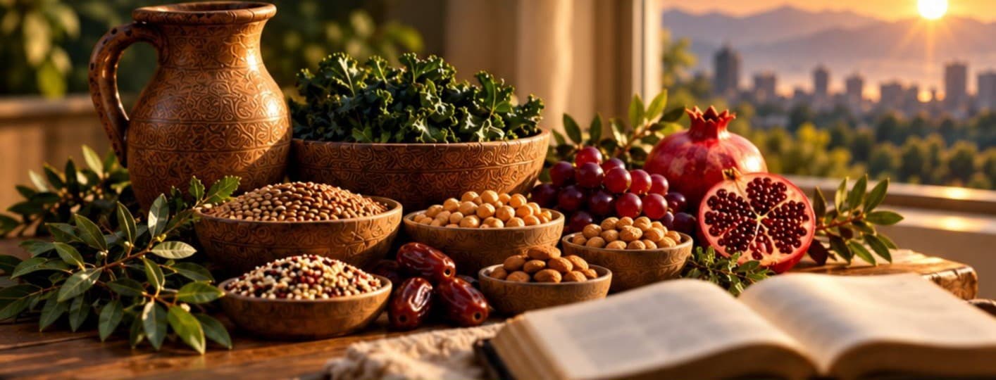 A table of grains, fruit, and an open Bible at sunrise.